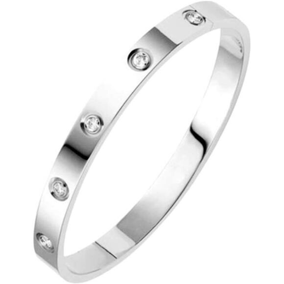 Classical Plain Stainless Steel Cubic Zircon Filled Bangle Bracelet - Picture 1 of 3